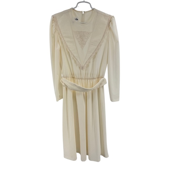 Vintage Jennifer Gee Cream Long Sleeve Dress lace trim cottage 12 boho 70s - Picture 1 of 14